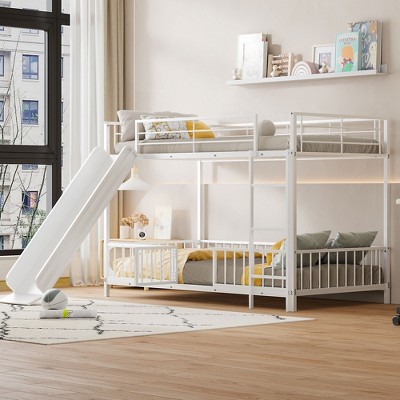 Metal Bunk Bed with Slide & Guardrails, Metal Bunkbeds Frame for Kids' Bedrooms