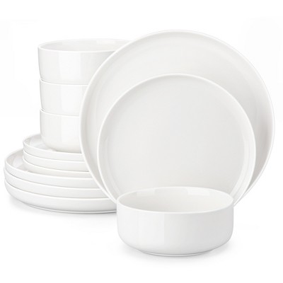 vancasso 12 Piece Round White Porcelain Dinner Set with Dinner Plates, Dessert Plates and Pasta Bowls for 4