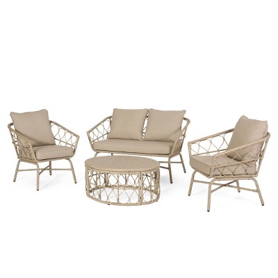 4pc Bruce Outdoor Wicker Set with Cushions Light Brown/Beige - Christopher Knight Home