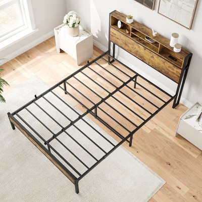 ORRD Full Size Metal Bed Frame with Storage Headboard, Charging Station, Bookcase, Black