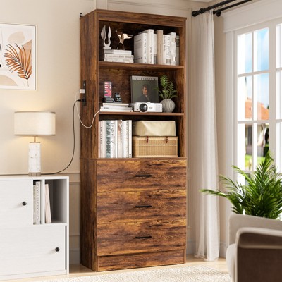 Aheaplus 6-Tier Bookcase with USB Ports and Outlets, Storage Display Cabinet with Drawers and Open Shelves
