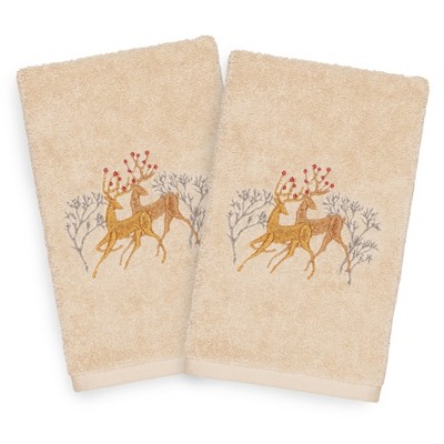 Linum Home Textiles Christmas Deer Pair - Embroidered Luxury 100% Turkish Cotton Hand Towels (Set of 2)