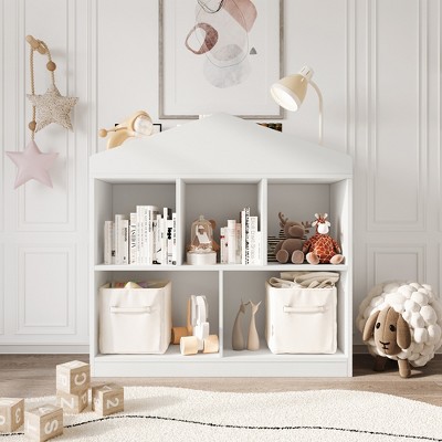 White Kids Bookshelf Toy Storage Organizer 5-Cubby Bookcase Toddlers Playhouse Wooden Cubby Storage Toy Shelf for Playroom, Nursery, Kids Room