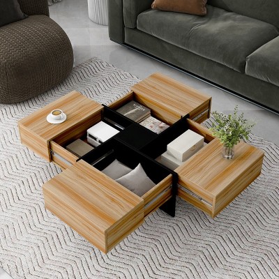 KTMBDW Coffee Table with 4 Hidden Compartment and Square Table, Extendable Sliding Dining Center Table for Living Room, Office, 31.5"x 31.5"
