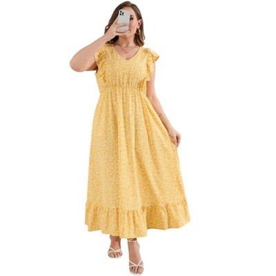 Coolmee Women's Plus Size Summer Boho Dress Ruffle Cap Sleeveless V Neck Long Beach Maxi Dress