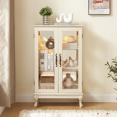 TIRAMISUBEST 2 Doors Curio Cabinet with Tempered Glass Doors Storage Sideboard Cabinet - White