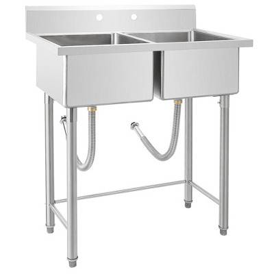 Stainless Steel Kitchen Sink, Drop-in Utility Sink Free Standing Double Bowl with Cold and Hot Water Pipe for Restaurant Kitchen