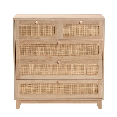 Elsbeth Wood and Natural Rattan 5 Drawer Storage Cabinet Oak Brown/Natural Brown - Baxton Studio