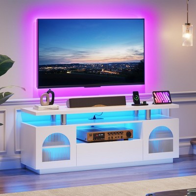 Modern Entertainment Center with Power Outlets and LED Lights, LED TV Stand for 65 70 Inch TV, for Living Room, Bedroom, White