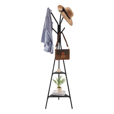 VEVOR Coat Rack, Freestanding Coats Rack Stand with 2 Shelves & 6 Hooks, Free Standing Hall Coat Tree for Entryway, Bedroom, Living Room, Black