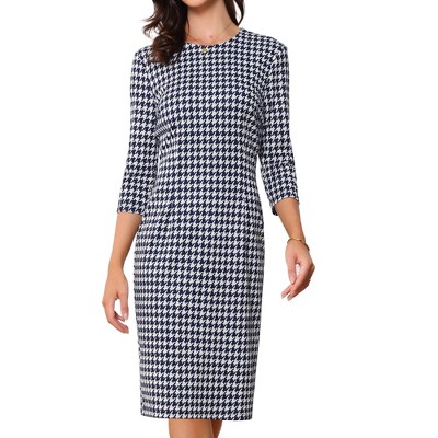 Allegra K Women's Houndstooth 3/4 Sleeve Elegant Cinched Waist Bodycon Dress