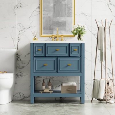 30" Modern Bathroom Vanity with Ceramic Sink, 5 Drawers & Solid Wood Frame, Freestanding Storage Cabinet with Gold Knobs - ModernLuxe