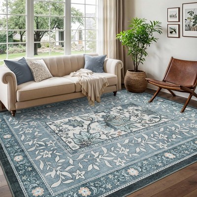 Vintage Printed Room Decor Area Rug for Living Room Soft Thin Washable Non Slip Foldable Carpet Retro Low Pile Rugs for Bedroom Bathroom