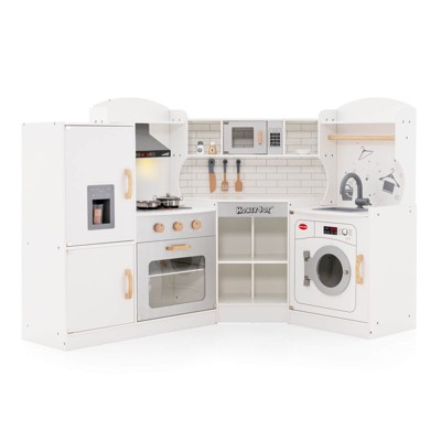 Costway Corner Play Kitchen Toddler Kitchen Playset with Range Hood, Ice Maker, Microwave White/Pink