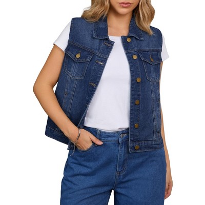 INSPIRE CHIC Women's Sleeveless Turndown Collar Button Down Chest Flap Pockets Washed Denim Vest