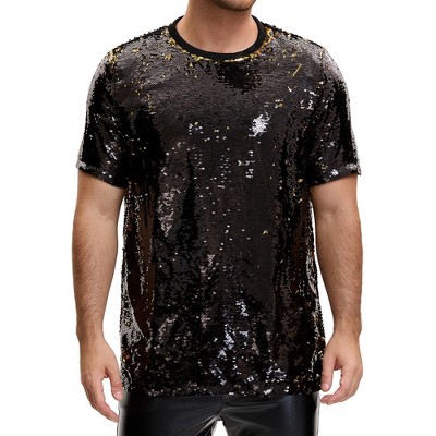 Lars Amadeus Men's Short Sleeve Round Neck Regular Fit Party Club Sparkly Disco Sequin T-Shirt