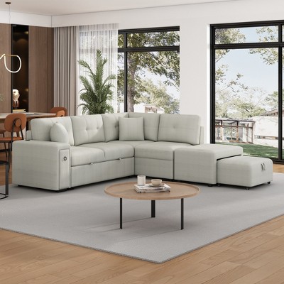 86.6"W L-Shaped Sectional Sofa with a Movable Ottoman, Pull-out Sofa Bed with 2 USB Ports and 2 Cup Holders 4B - ModernLuxe