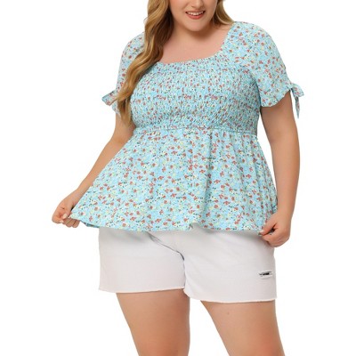 Agnes Orinda Women's Plus Size Floral Square Neck Smocked Bow Tie Short Sleeve Peplum Blouses