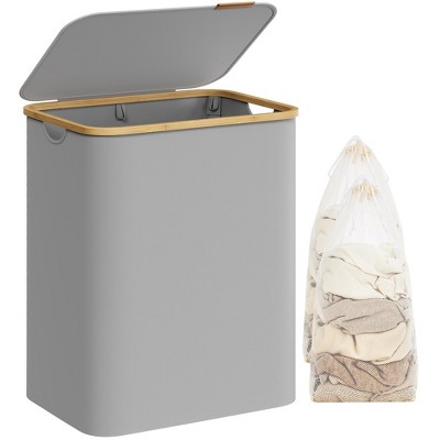 SONGMICS Laundry Hamper with Lid 3-Section Large Laundry Basket Removable Mesh Liner Bamboo Handles Collapsible