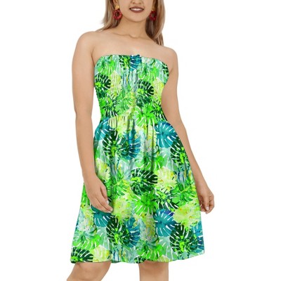 HAPPY BAY Women's House Daily Routine Evening Wear Boho Halter Smocked Mini Flowy Dress Tube Top Strapless Dresses for Women One Size Tropical, Leaves