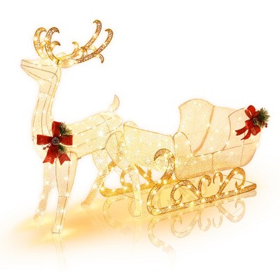Costway Lighted Christmas Reindeer and Sleigh with 215 White LED Lights 8 Ground Stakes Gold/Cold White