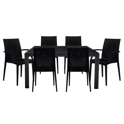 LeisureMod Mace Mid-Century 7-Piece Rectangular Outdoor Dining Set with 4 Side Chairs and 2 Armchairs