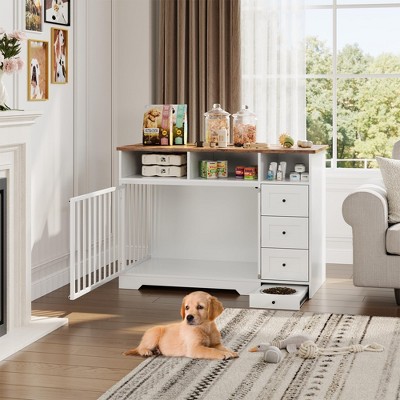 48 Inch Dog Crate Furniture, Farmhouse Dog Kennel with Bowl & Drawers, Heavy Duty Pet Crate Table
