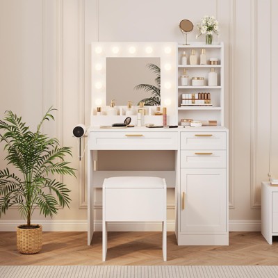 Vanity Desk with Mirror and Lights, Makeup Vanity Set with Drawers & Cabinet & Chair, 3 Light Mode and Brightness Adjusted & Power Outlet