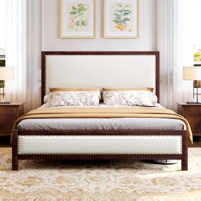 AMERLIFE Upholstered Solid Wood Bed Frame with Linen Headboard & Footboard Nailhead Trim