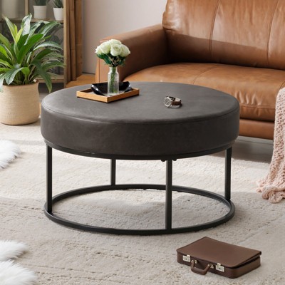 Bekrvio 5.9" Leather Ottoman Coffee Table,Round Upholstered Coffee Table, Foot Rest for Couch w/Metal Legs,Storage Ottoman for Living Room