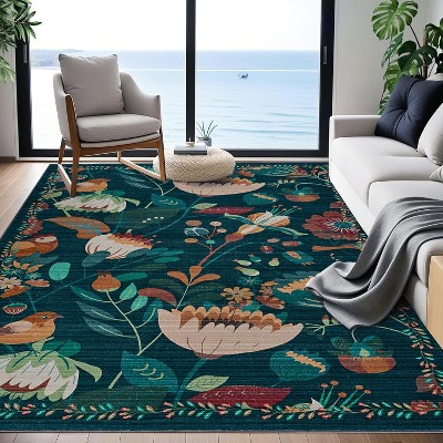 Floral Birds Washable Area Rugs, Boho Large Soft Non-Slip Vintage Bedroom Dining Room Rug, Low Pile Carpet for Kids Playroom Nursery