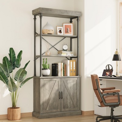5 Tier Bookshelf With Cabinet 73.62'' H Tall Bookcase With Shelves Wood Bookshelves Storage Organizer Industrial Bookshelf
