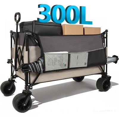 Extra large 300L Tall Heavy-Duty Folding Wagon Cart w/ 480lbs Capacity – All-Terrain Wheels, Side Pockets, Brakes & Drink Holders for Camping, Beach