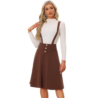 Allegra K Women's High Waist Solid Color Button Decor Flared Midi Suspender Skirt