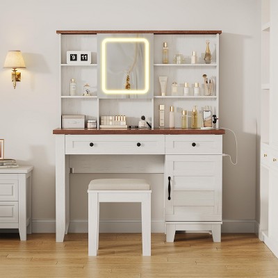 Makeup Vanity Desk Mirror with Lights & Power Outlet, Farmhouse Makeup Vanity Dressing Table with Solid Wood Stool, 2 Drawers & Glass Top