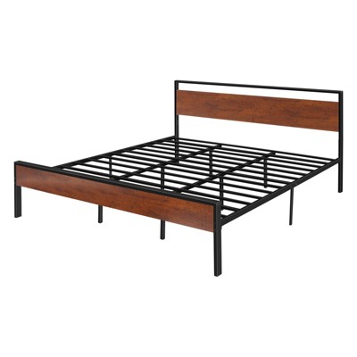 VEVOR King Size Bed Frame, 14 Inch Black Metal Platform Bed Frame with Retro Brown Wooden Headboard and Footboard, Large Under-Bed Storage, Brown