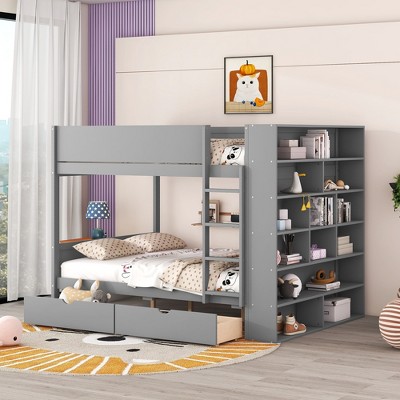 Twin Over Twin/Full Over Full Bunk Bed with 2 Drawers and Multi-Layer Cabinet, Space-Saving Storage Solution, White/Gray - ModernLuxe