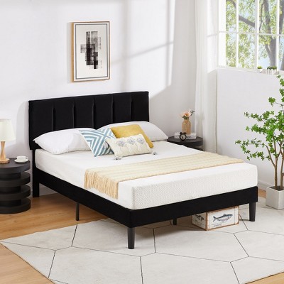 VECELO Upholstered Bed Frame with Adjustable Headboard, Heavy-Duty Platform Bed with Strong Wood Slat Support, No Box Spring Needed