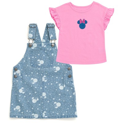 Disney Minnie Mouse Girls Vintage Wash Denim Overall Dress and T-Shirt Outfit Set Toddler
