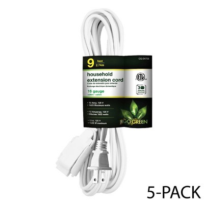 GoGreen Power (GG-24709) 16/2 9ft Household Extension Cord, 3 Outlets, White, 9 Ft, 5-Pack