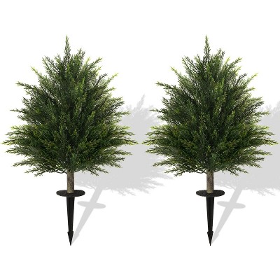 2-Pack 2ft Artificial Cedar Topiary Plants - Outdoor/Indoor Decor, UV Resistant Fake Cypress Trees, No Maintenance Greenery, Garden Stakes Included