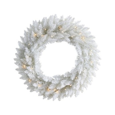 Nearly Natural 24-in White Colorado Spruce Artificial Christmas Wreath with 179 Bendable Branches and 35 Warm LED Lights