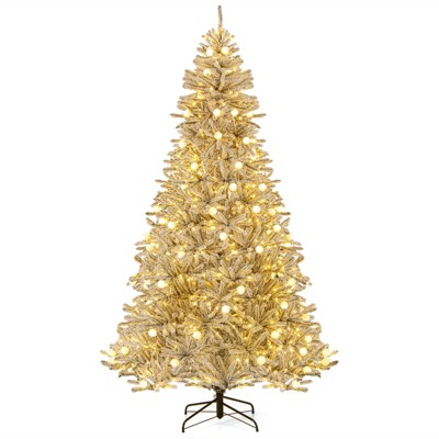 Costway 6/7/8 FT Snow-flocked Artificial Christmas Tree with 51/65/81 Sphere Lights 250/350/450 LED Lights