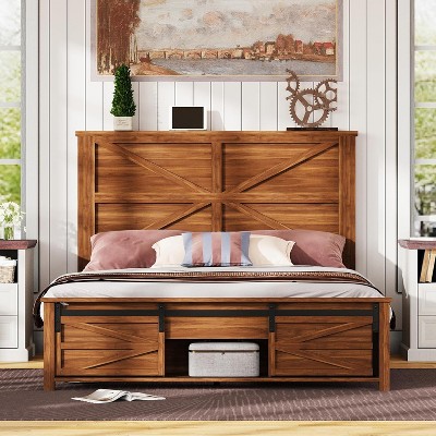 AMERLIFE Farmhouse Size Bed Frame with Sliding Barn Door Storage