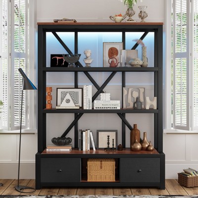 MOEPISY 3 Shelf Metal Bookcase with Drawers for Home Office, Walnut