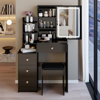 CAVINAS Vanity Desk + Cushion Stool Bedroom Furniture Modern Small Vanity Desk with Mirror for Small Space Bedroom
