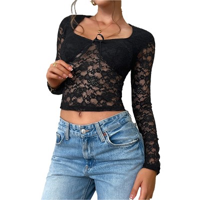 Women's Open Front Tie Long Sleeve Sheer Mesh Lace Crop Tops Scoop Neck See Through Cropped Blouses