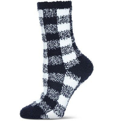 Memoi Women's Classic Buffalo Plaid Cozy Crew Socks Navy 9-11