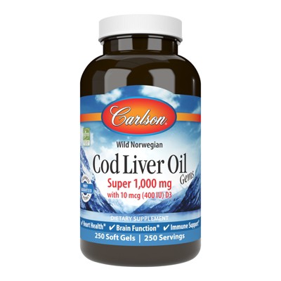 Carlson - Cod Liver Oil Gems, Super 1000 mg, 250 mg Omega-3s + A & D3, Norwegian, Wild Caught