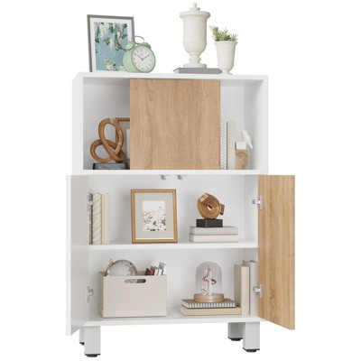 COZONY Small Wooden Storage Cabinet Sliding Door Adjustable Shelf Compact Organizer for Kitchen Bedroom Living Room Office